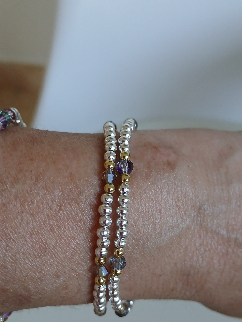 Set Of 2 Silver & 14k Gold Filled Beaded Stretch Bracelet with Purple Accent